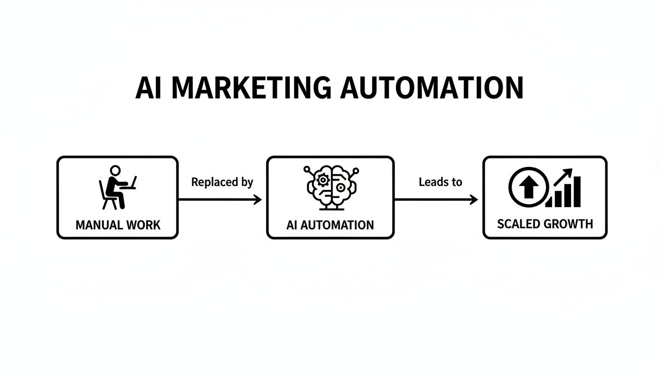 Flowchart depicting manual work replaced by AI automation, leading to scaled growth in marketing.