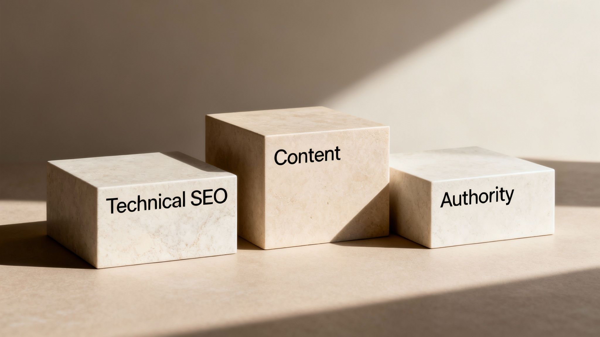 Three blocks representing Technical SEO, Content, and Authority, crucial for organic search success.
