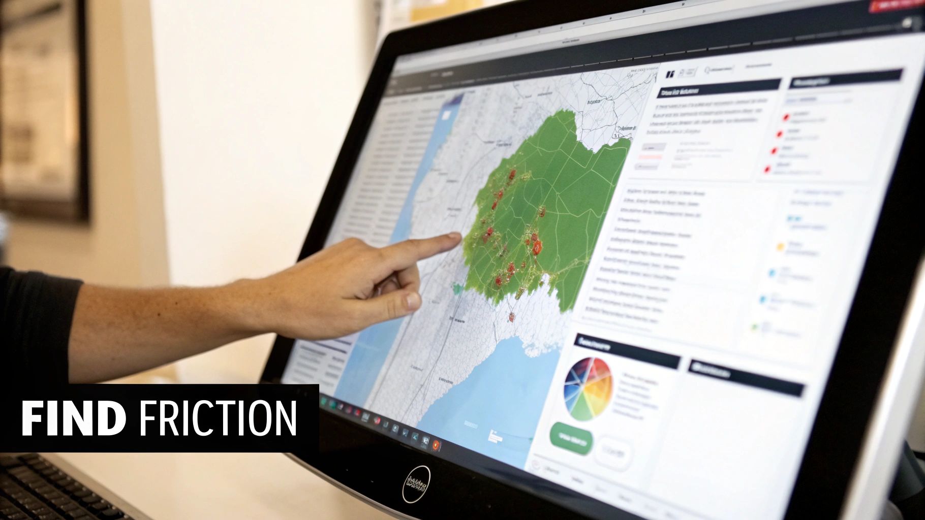 A person's hand points to a large touchscreen monitor displaying a map with data points and a pie chart.