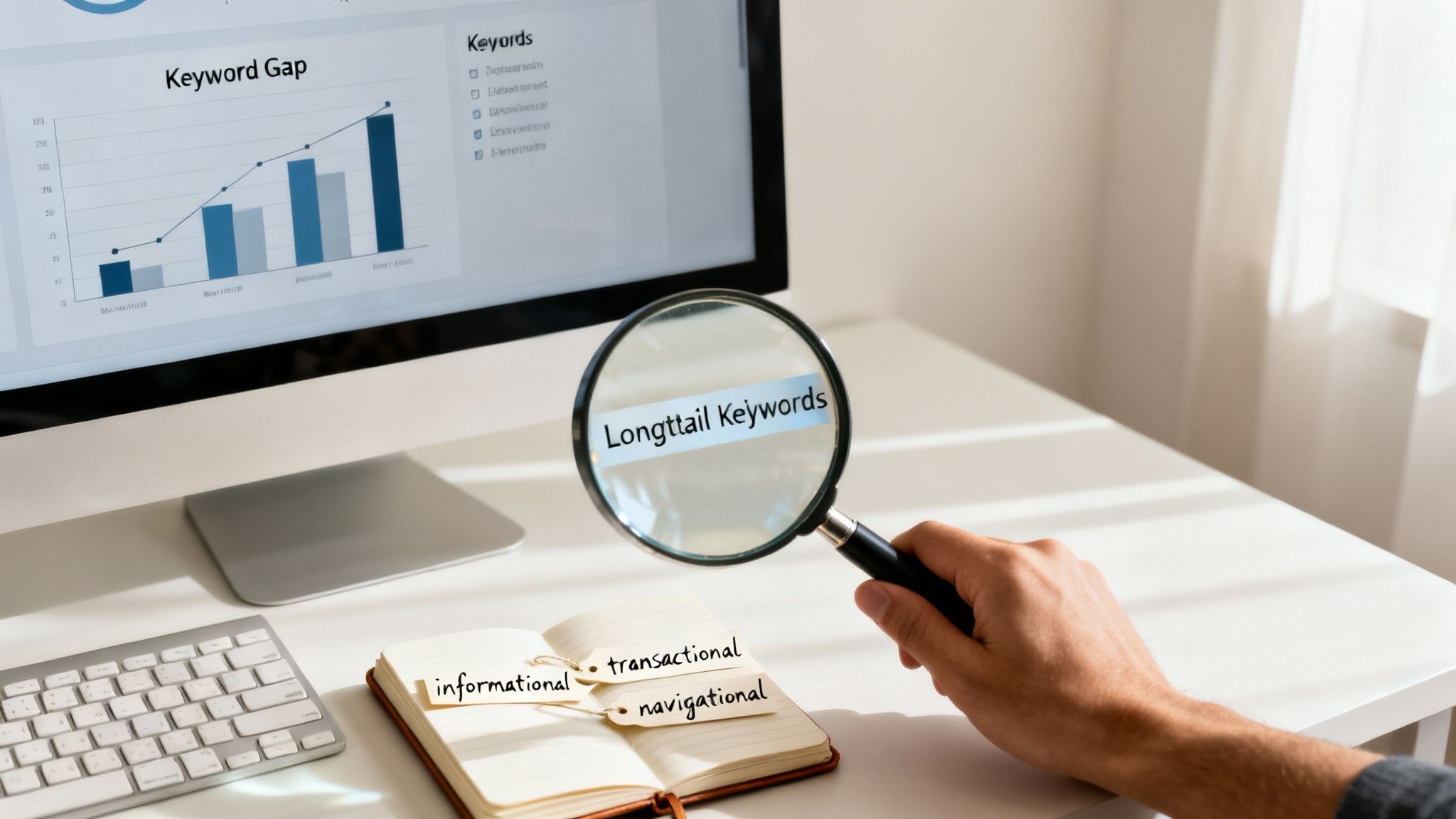 Hand holding a magnifying glass over 'Longtail Keywords' on a computer screen displaying SEO data, with keyword types in a notebook.
