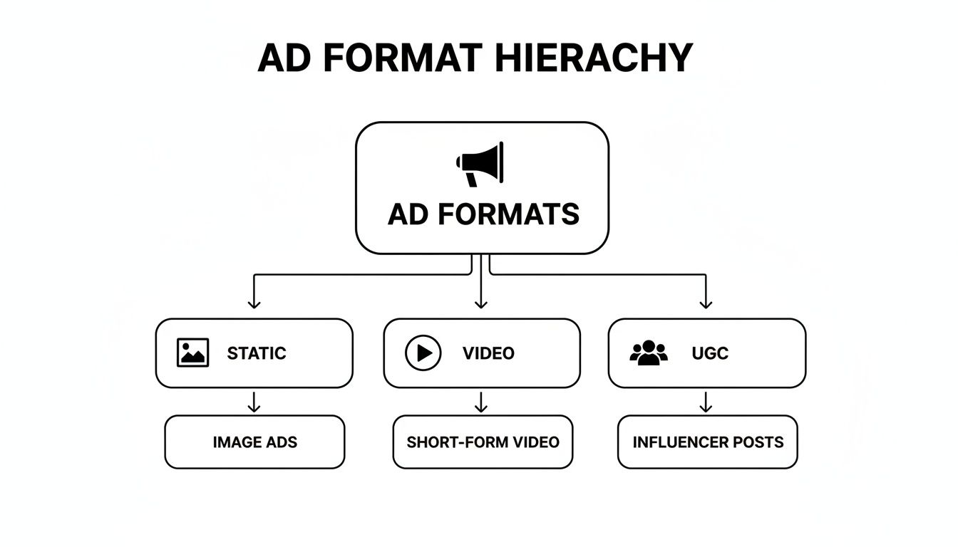 A hierarchy diagram showing ad formats, categorized into static, video, and user-generated content (UGC).