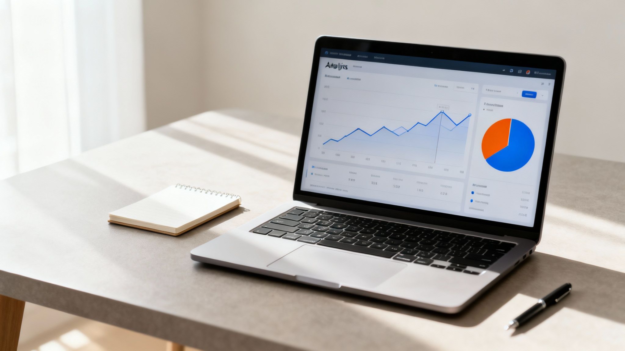 A laptop displays analytics data with graphs and charts on a sunny desk, next to a notebook and pen.