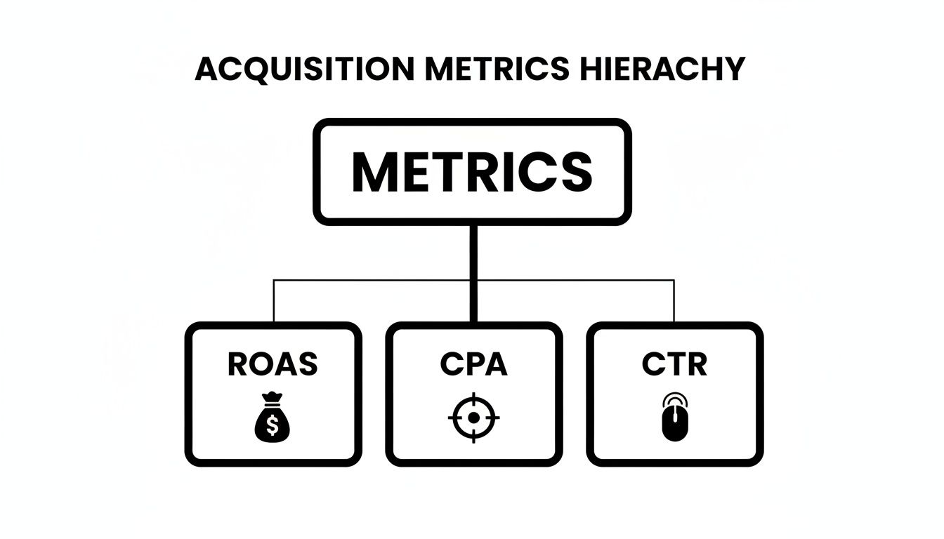 Diagram showing Acquisition Metrics hierarchy, featuring ROAS, CPA, and CTR with relevant icons.
