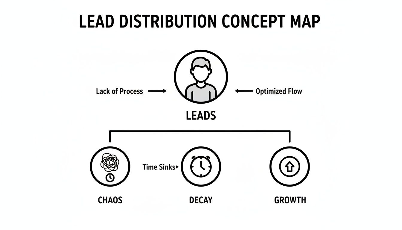 Concept map illustrating lead distribution: lack of process causes chaos and decay, while optimized flow leads to growth.