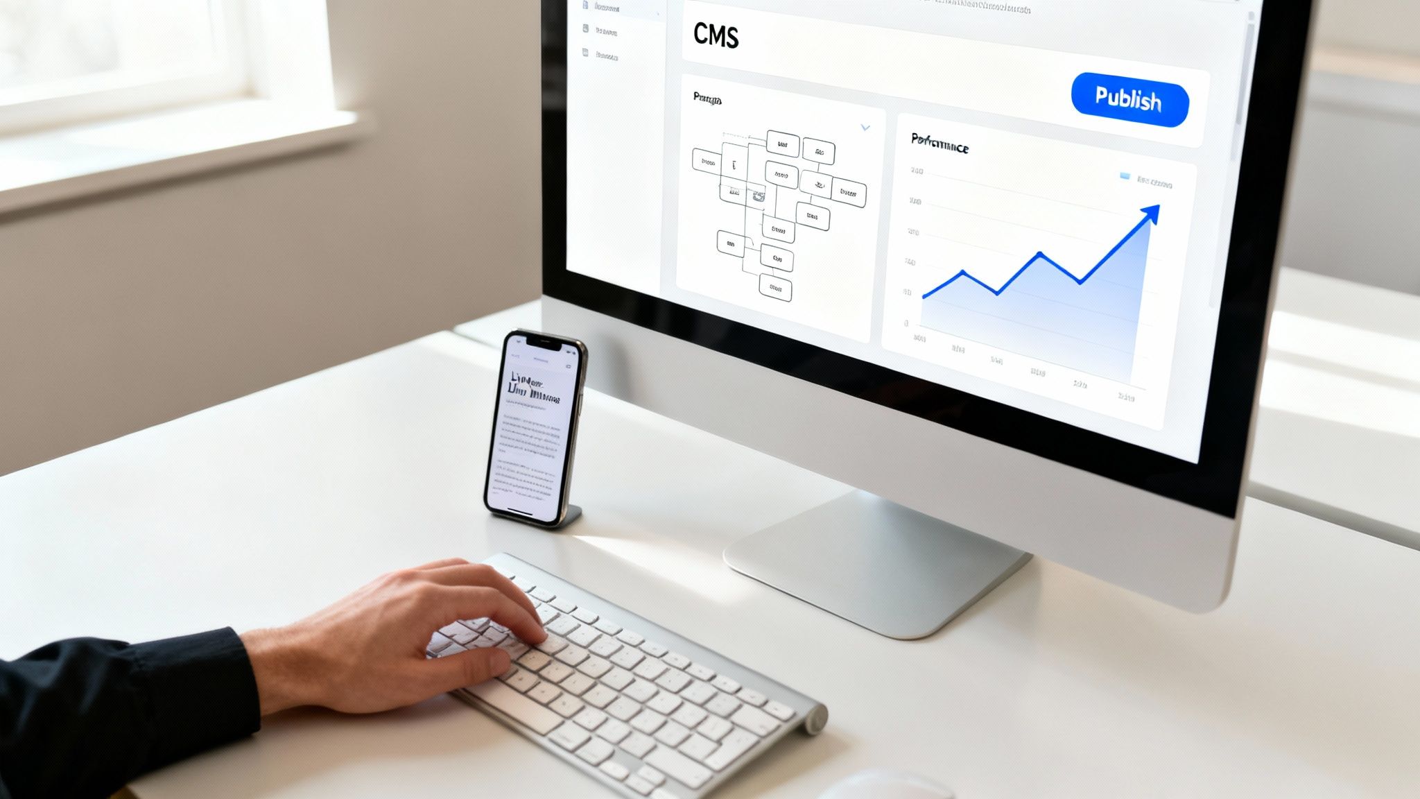 A person's hand types on a keyboard at a desk, with a monitor displaying CMS software and a smartphone nearby.