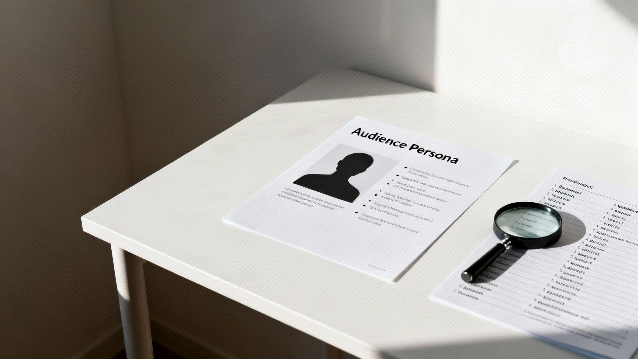 An 'Audience Persona' document, a list, and a magnifying glass on a white table.