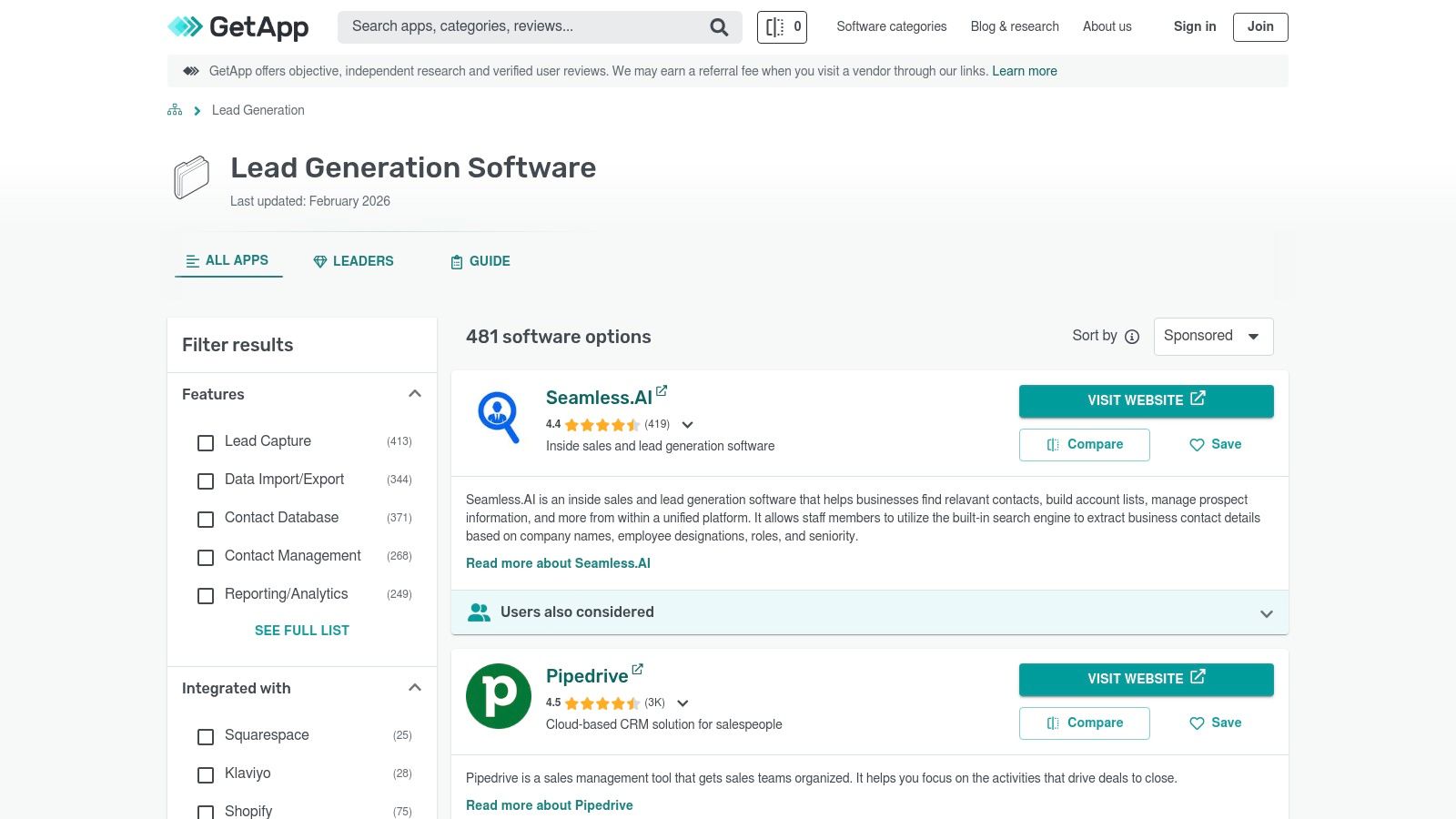 GetApp – Lead Generation rankings and lists