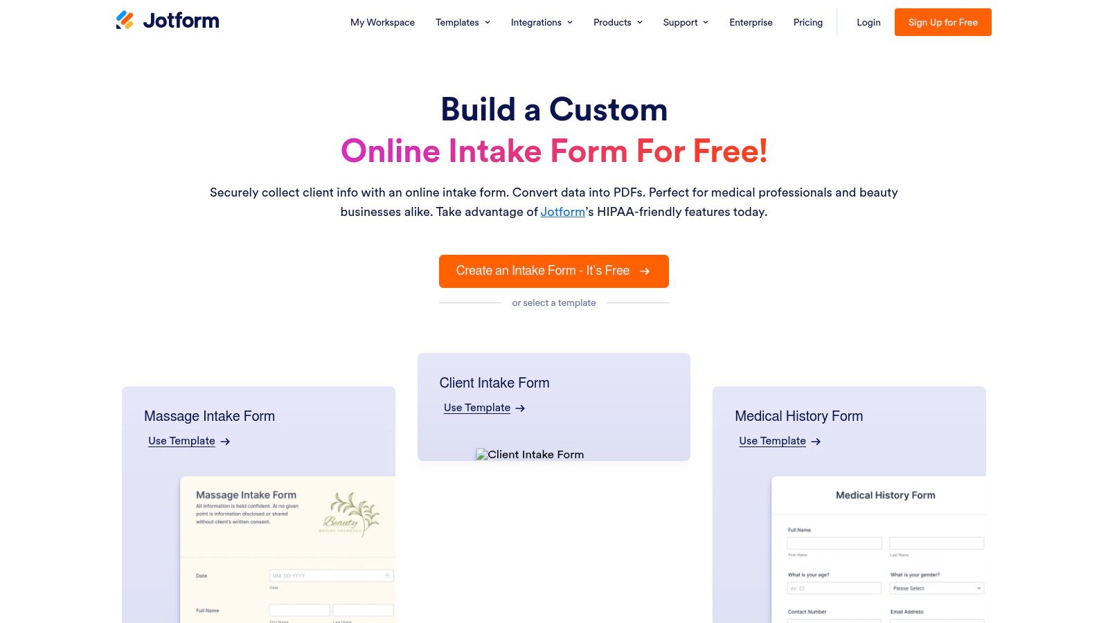 Jotform's template gallery for intake forms