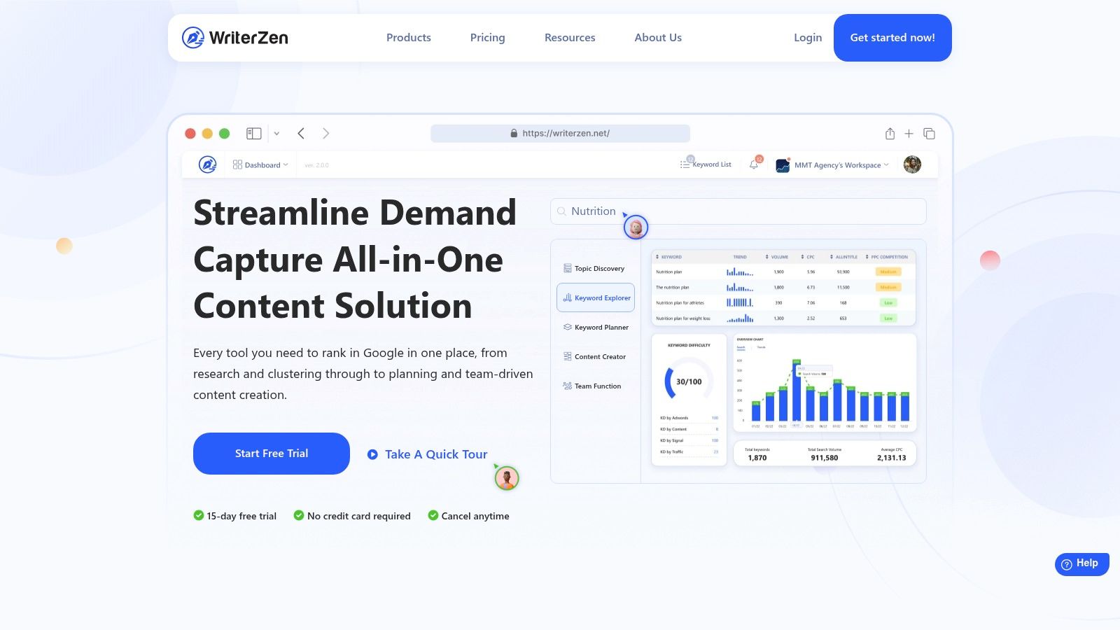 WriterZen's AI-powered SEO and content dashboard.