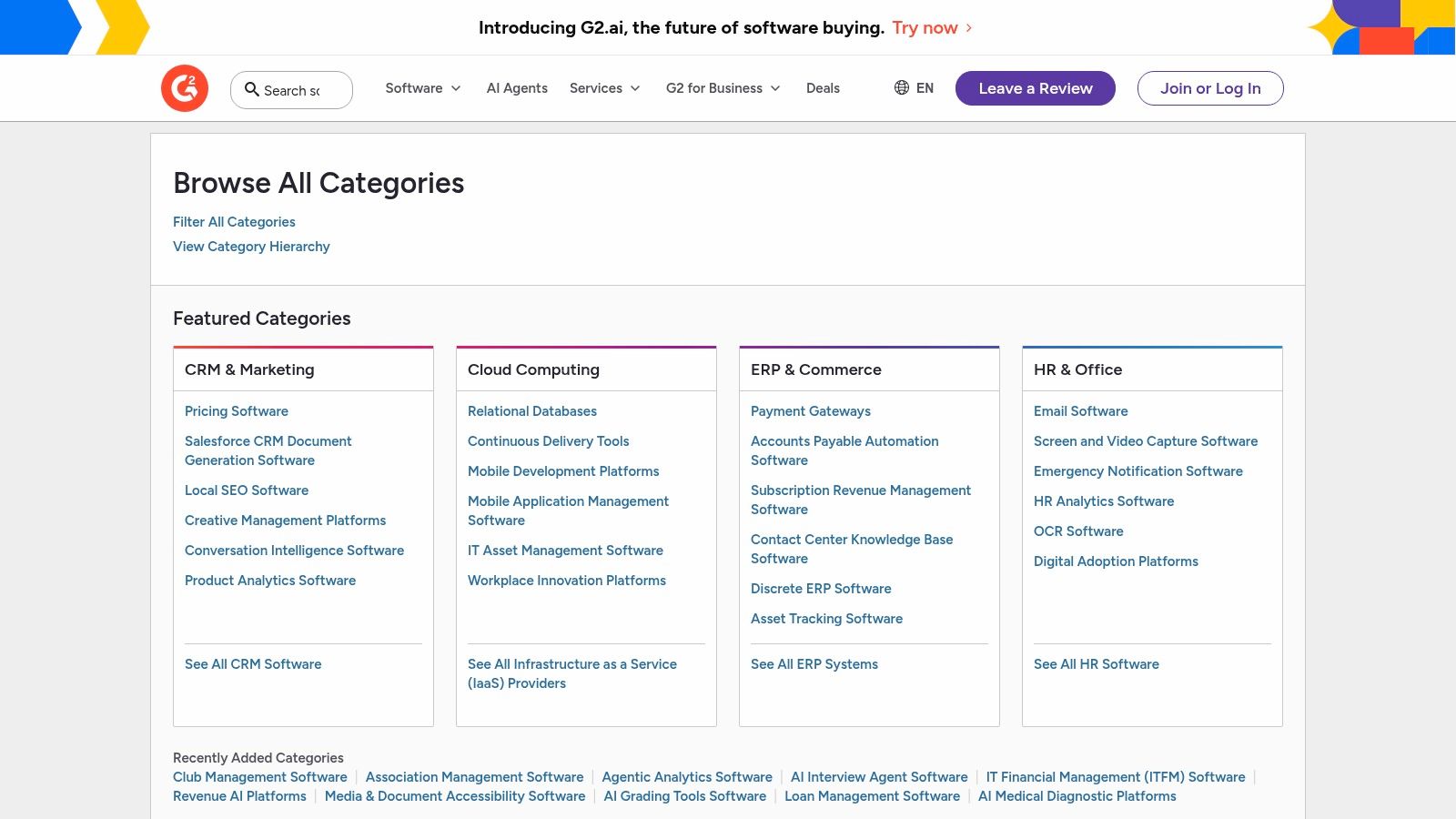 G2 software categories for finding AI tools
