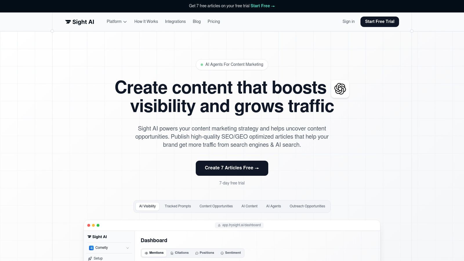 Sight AI Dashboard showing visibility metrics and content opportunities