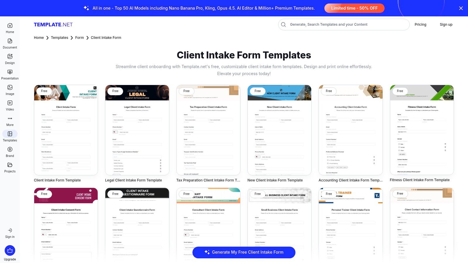 Template.net's intake form templates in various formats