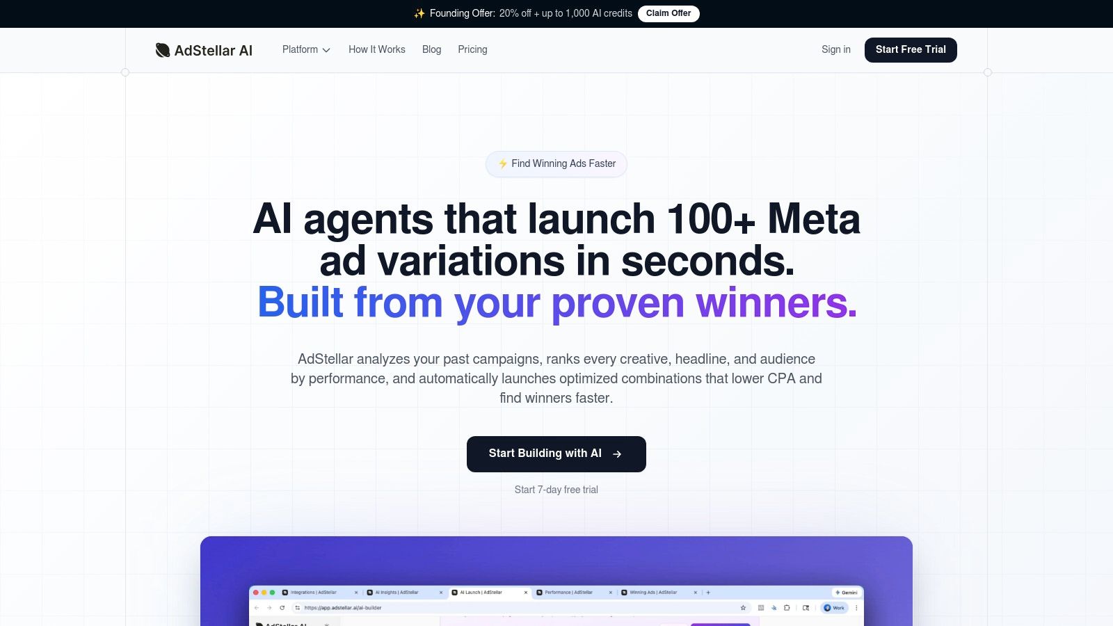 AdStellar AI dashboard showcasing campaign performance and creative insights
