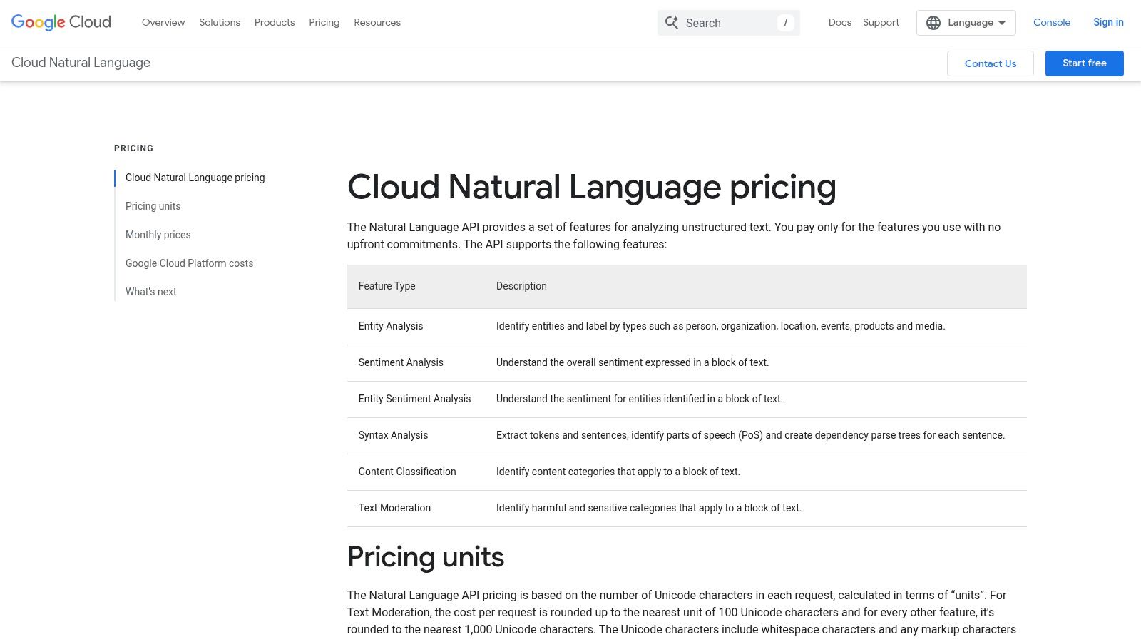 Google Cloud Natural Language API pricing page
