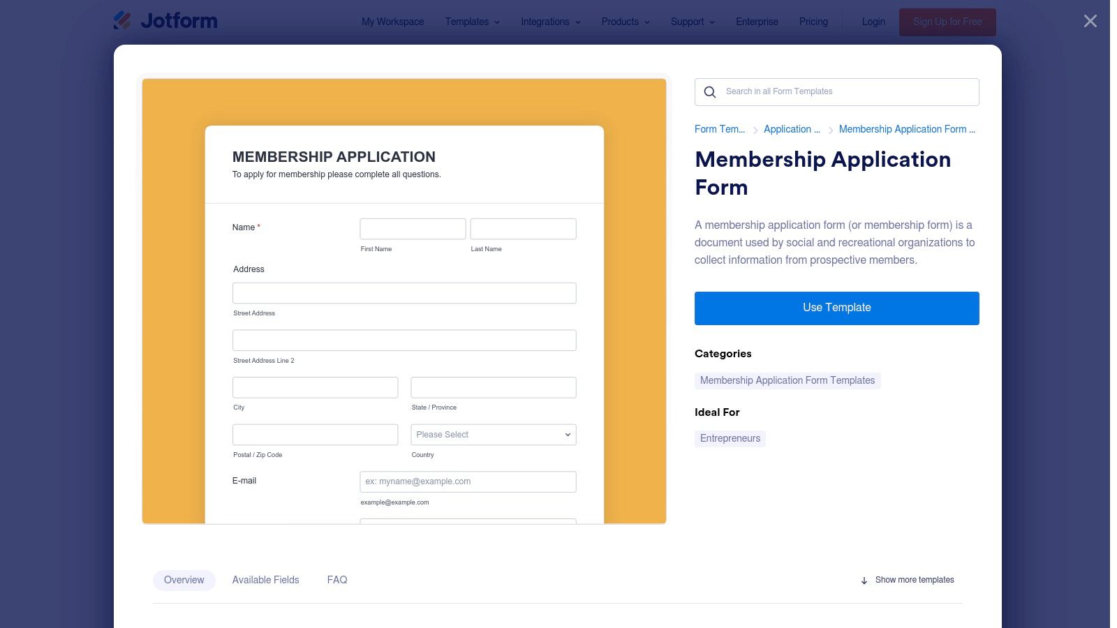A screenshot of Jotform's membership form templates, showing various designs for different organizations.