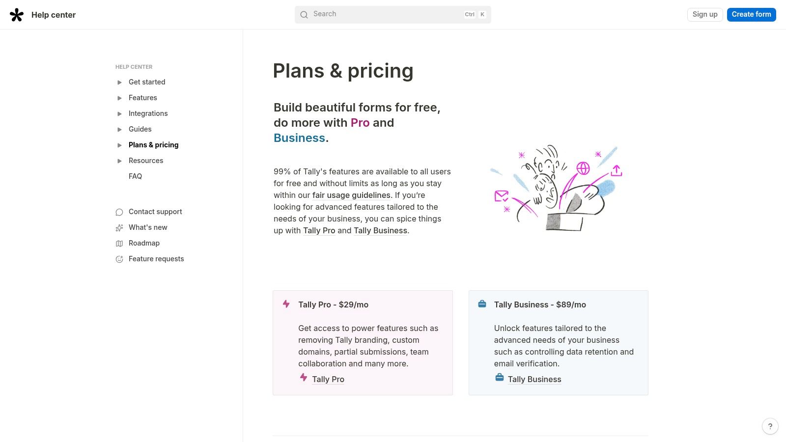 Tally pricing plans for free and paid tiers