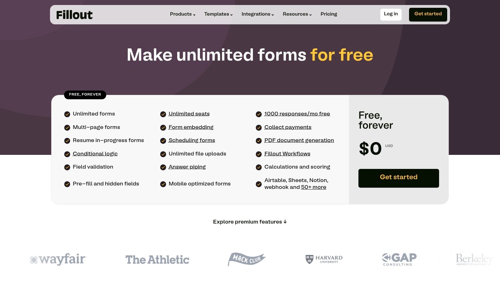 Fillout pricing plans for different tiers