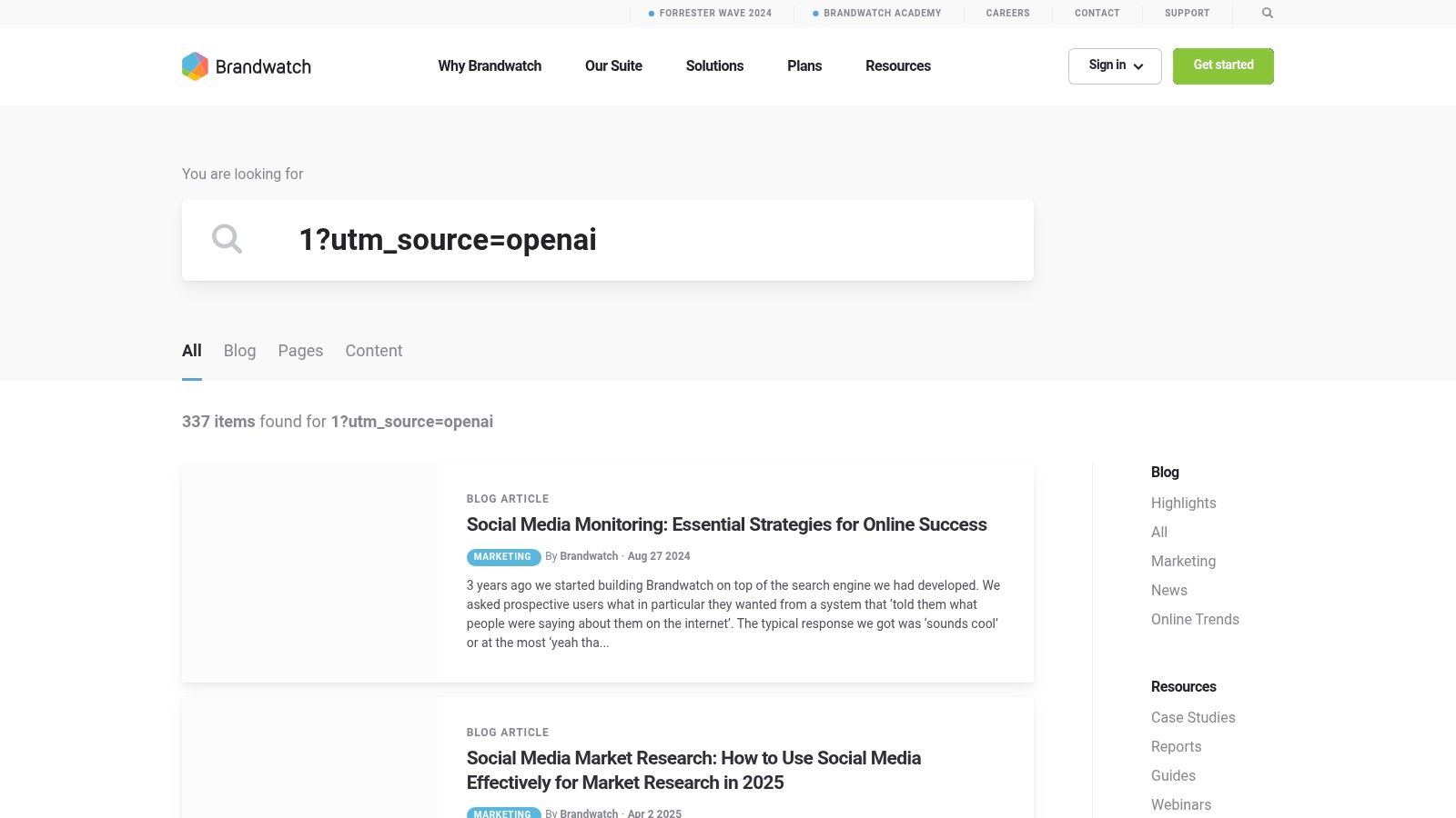 Brandwatch Consumer Research dashboard showing search results