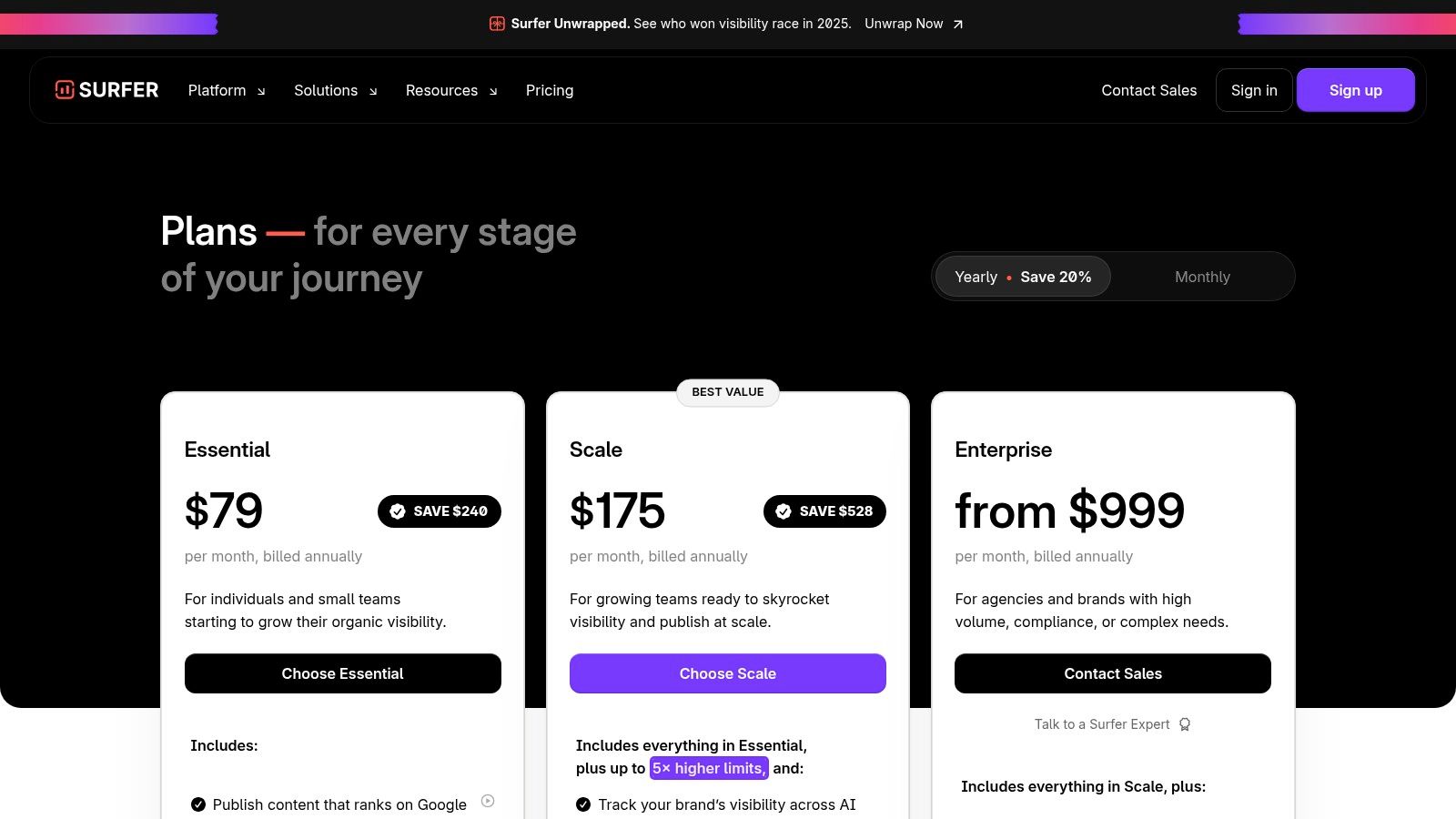 Surfer SEO pricing plans