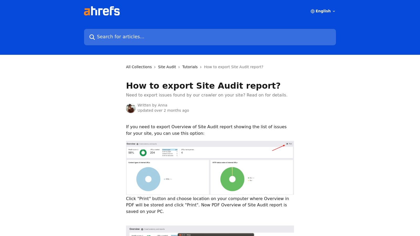 A screenshot of the Ahrefs Site Audit overview, showing a website's health score, crawl data, and a list of identified SEO issues.