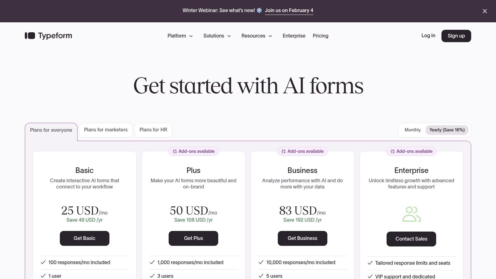 Typeform pricing plans