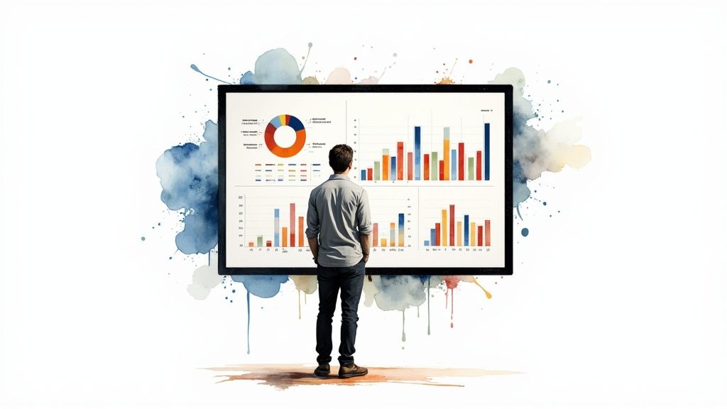 A person looking at a laptop screen with a question mark icon overlaid, symbolizing common questions about Google Analytics