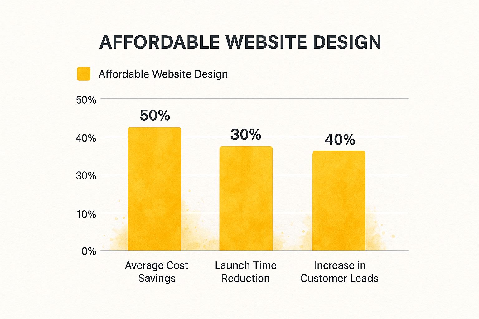 Infographic showing that a smart, affordable website strategy can increase lead generation by 62%, cut launch time by 75%, and reduce costs by up to 90% for small businesses.