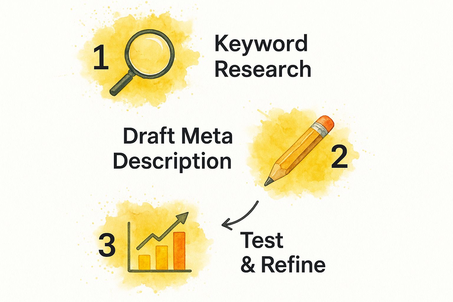 Infographic showing a three-step process: Keyword Research, Draft Meta Description, and Test & Refine.