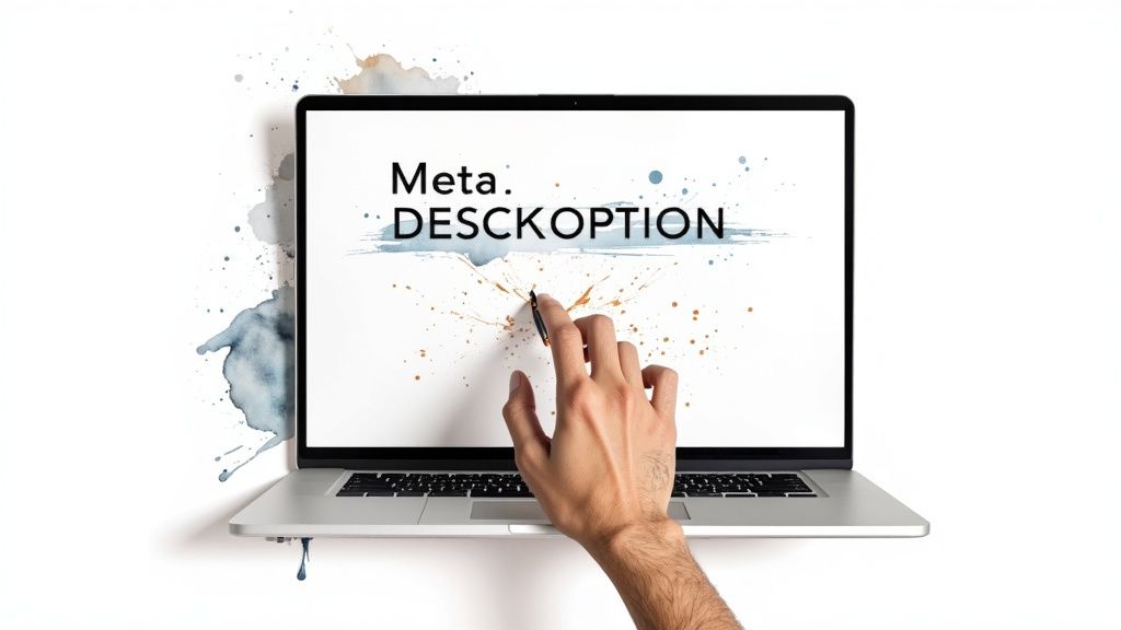 A person typing on a laptop with code snippets in the background, representing the creation of a meta description.
