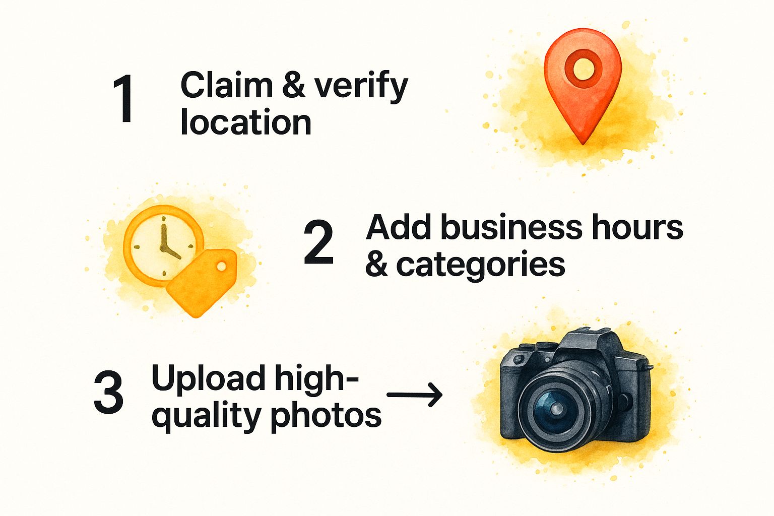 Infographic showing a three-step process to optimize a Google Business Profile: 1. Claim & verify location (map pin icon) → 2. Add business hours & categories (clock + tag icons) → 3. Upload high-quality photos (camera icon).