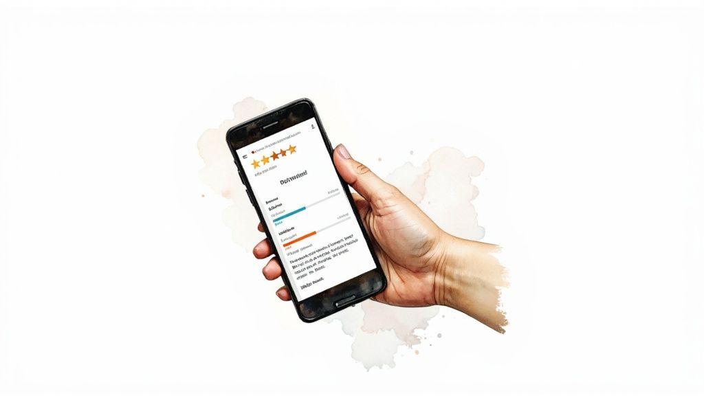A business profile on a smartphone screen showing high ratings, engaging photos, and recent posts, making it stand out from competitors.