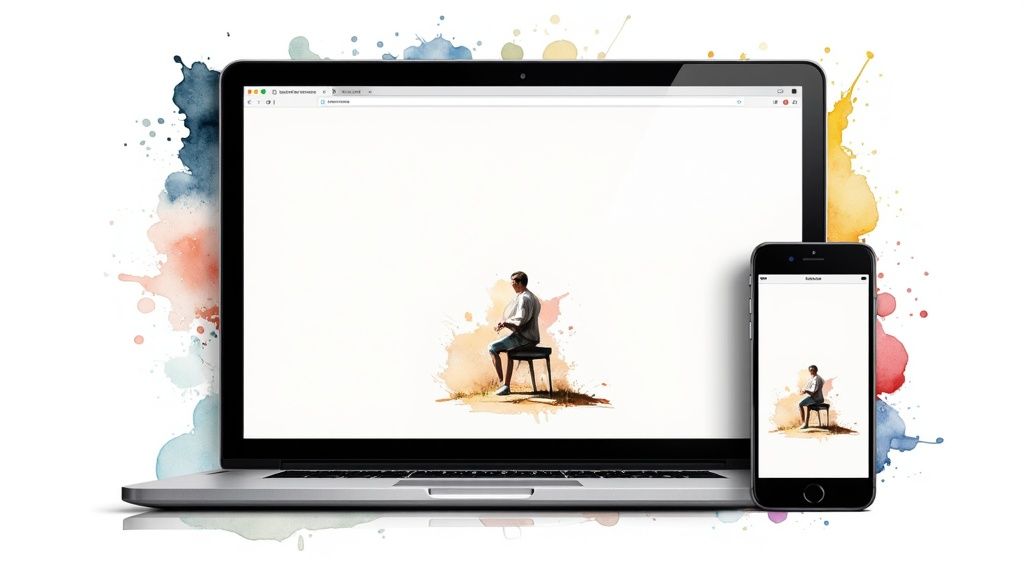 An image showing a small business owner celebrating as their new website goes live on a laptop screen, with confetti graphics around them.