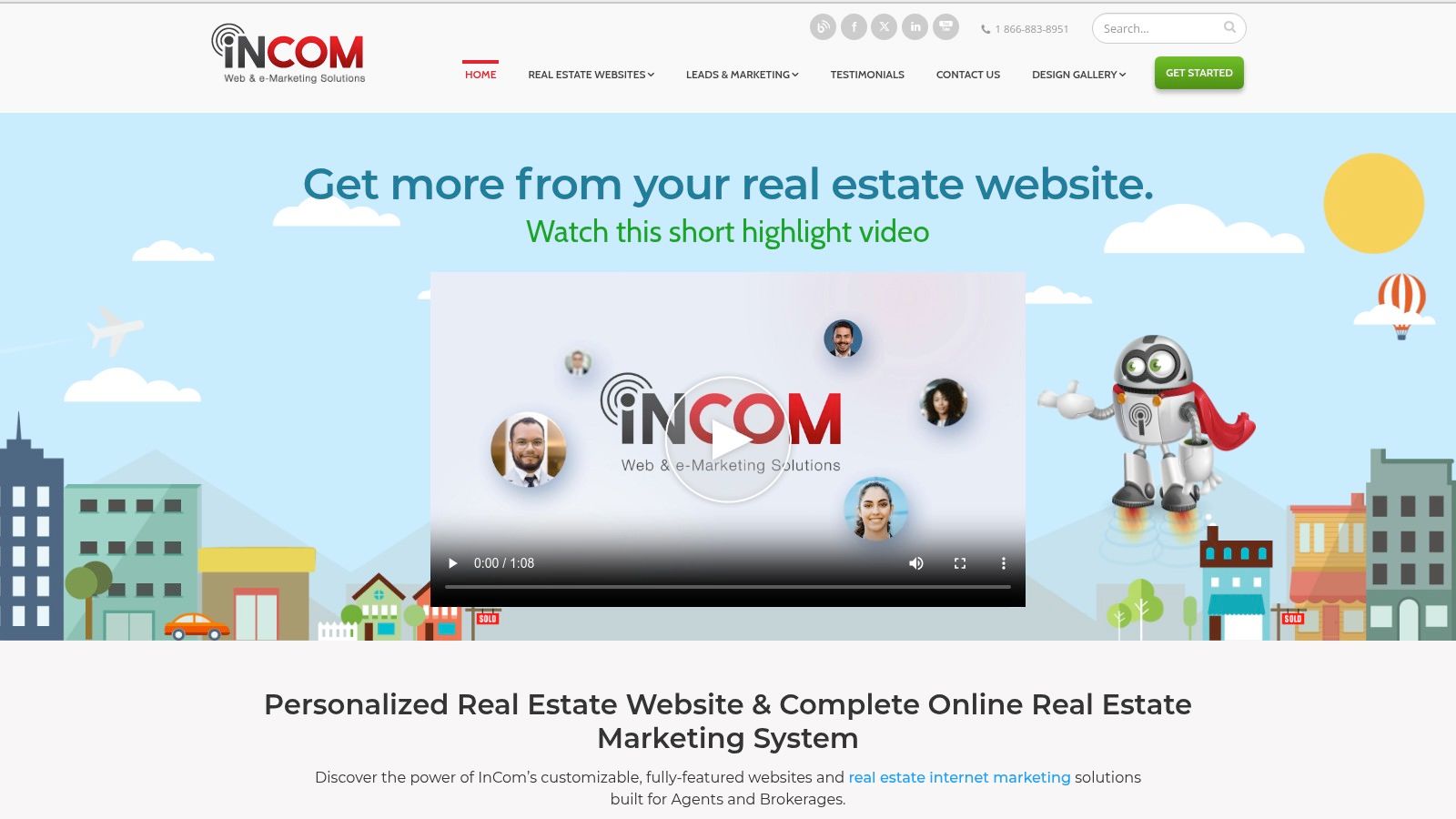 iNCOM platform showcasing a real estate website template
