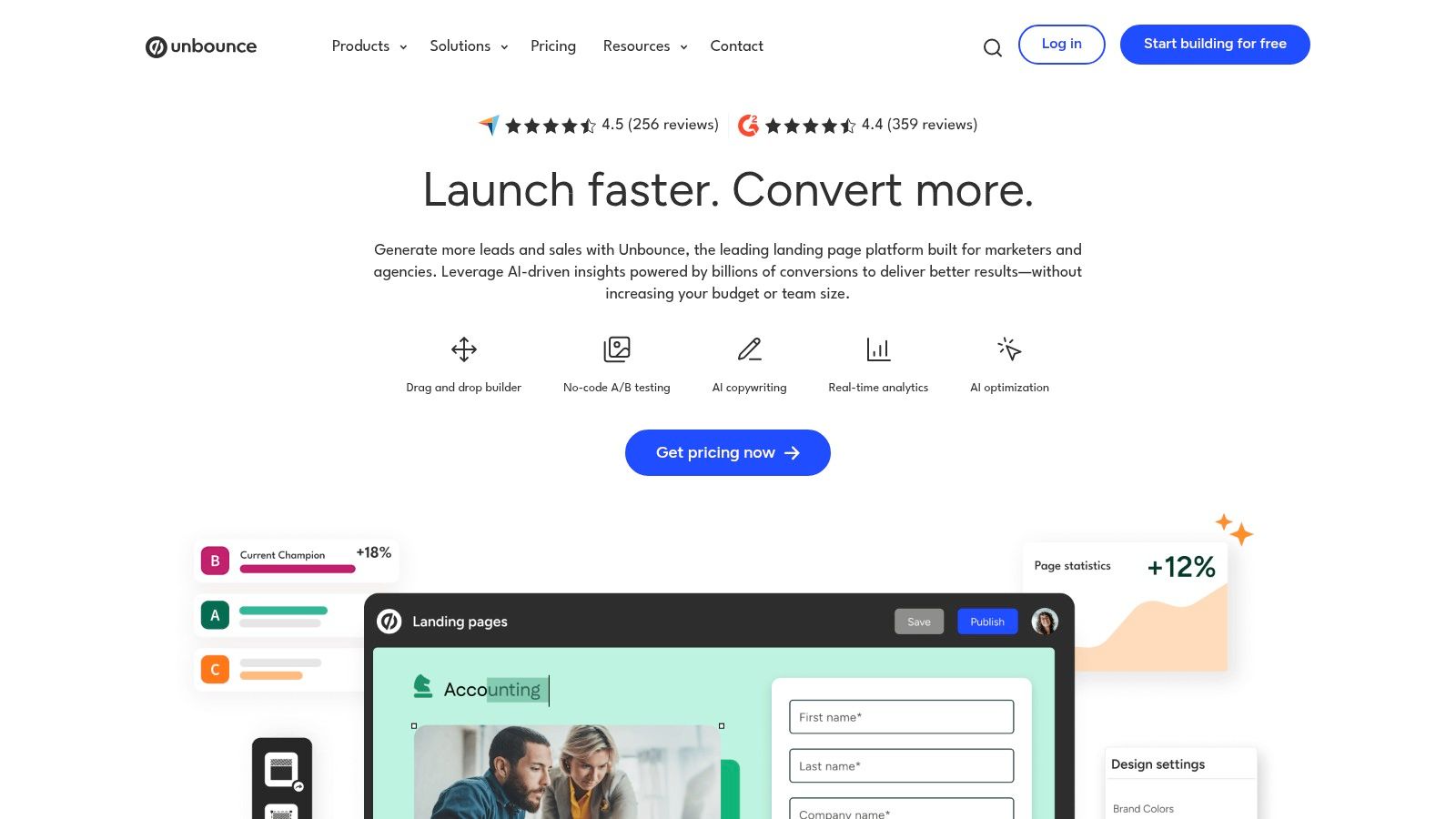 Unbounce platform interface showing a real estate landing page template