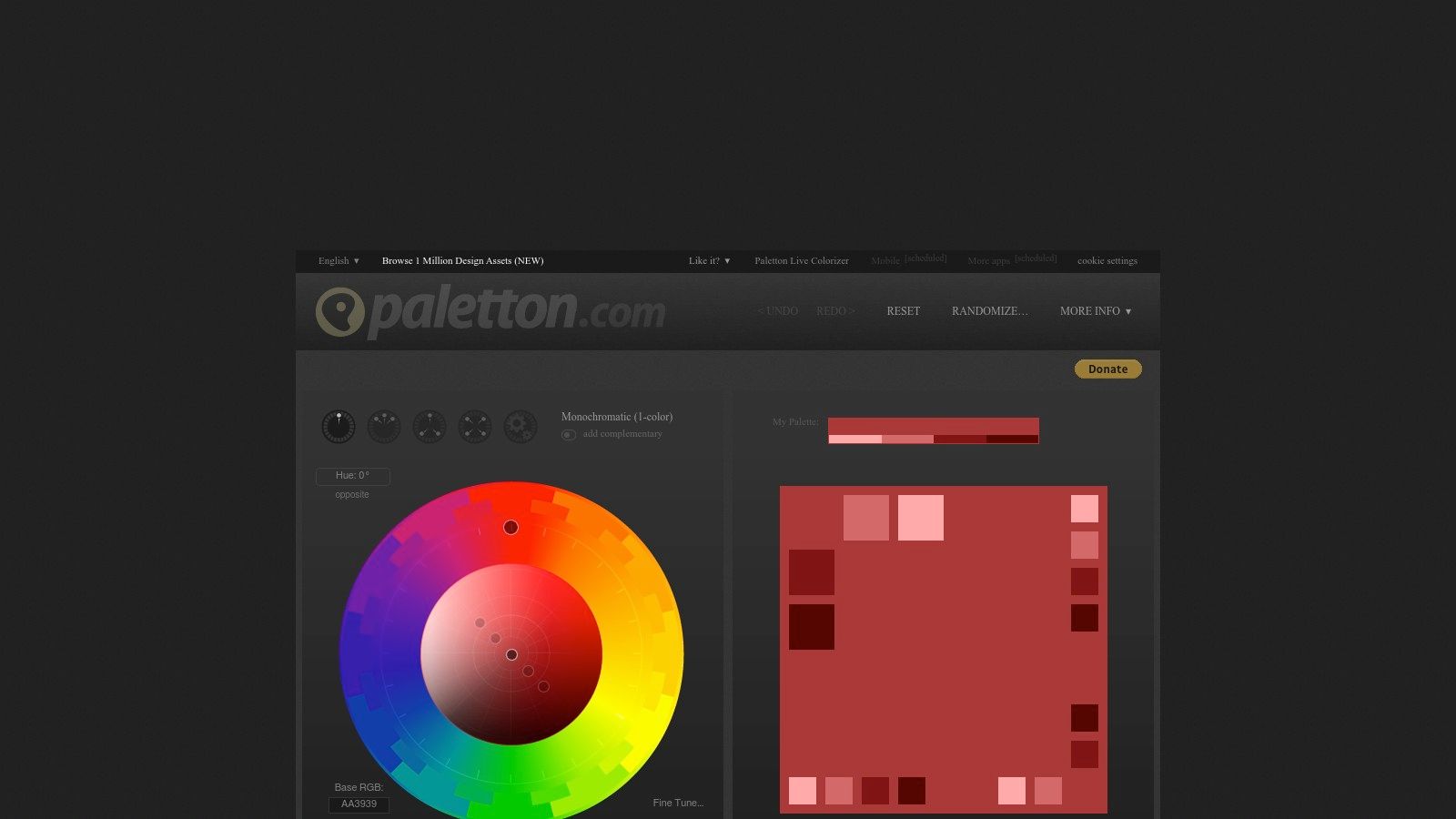 Paletton user interface showing a color wheel and palette swatches.