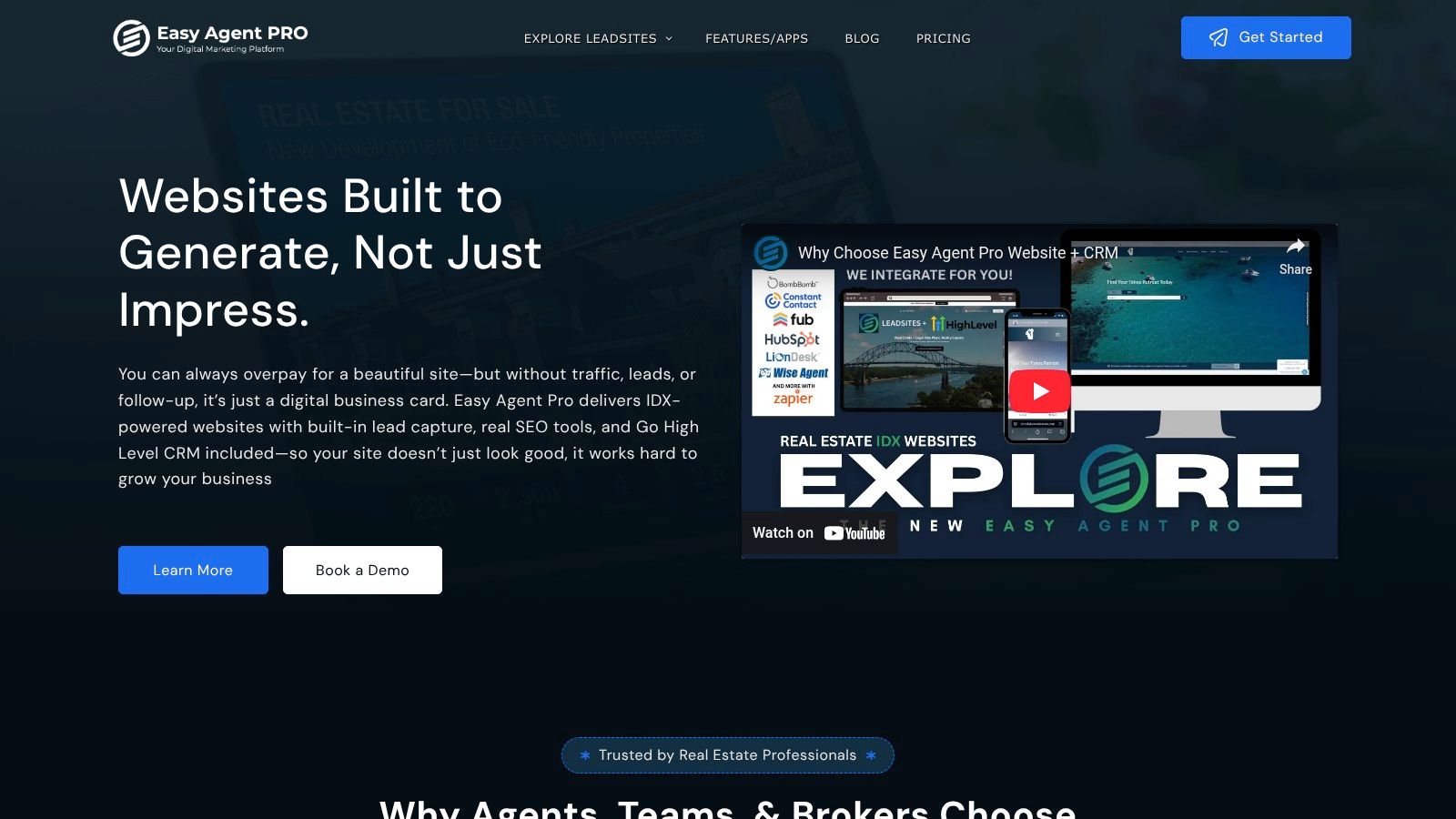 Easy Agent PRO dashboard showcasing website and marketing tools