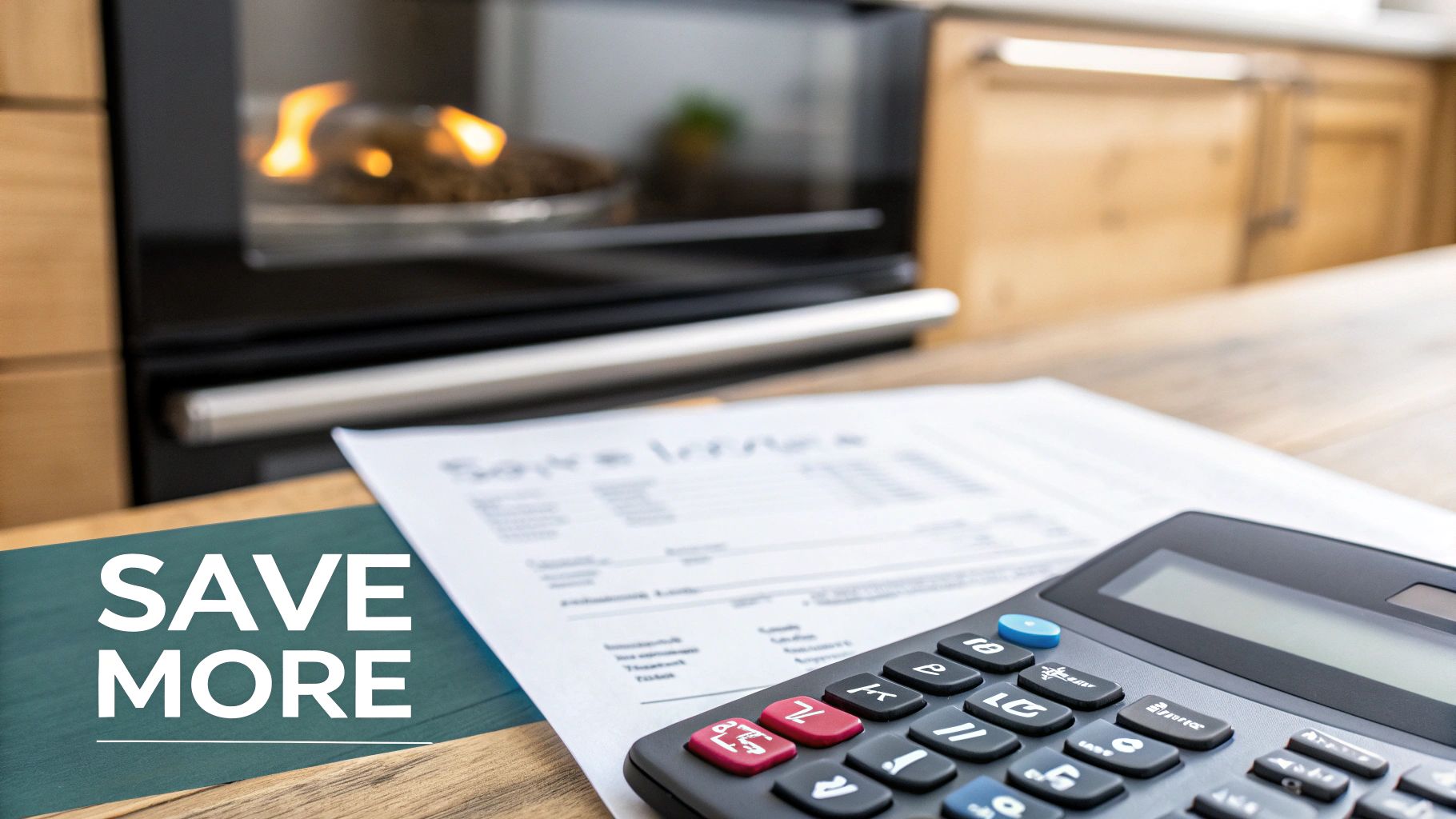 A calculator and financial documents on a wooden table, with an oven burning in the background, promoting energy savings.