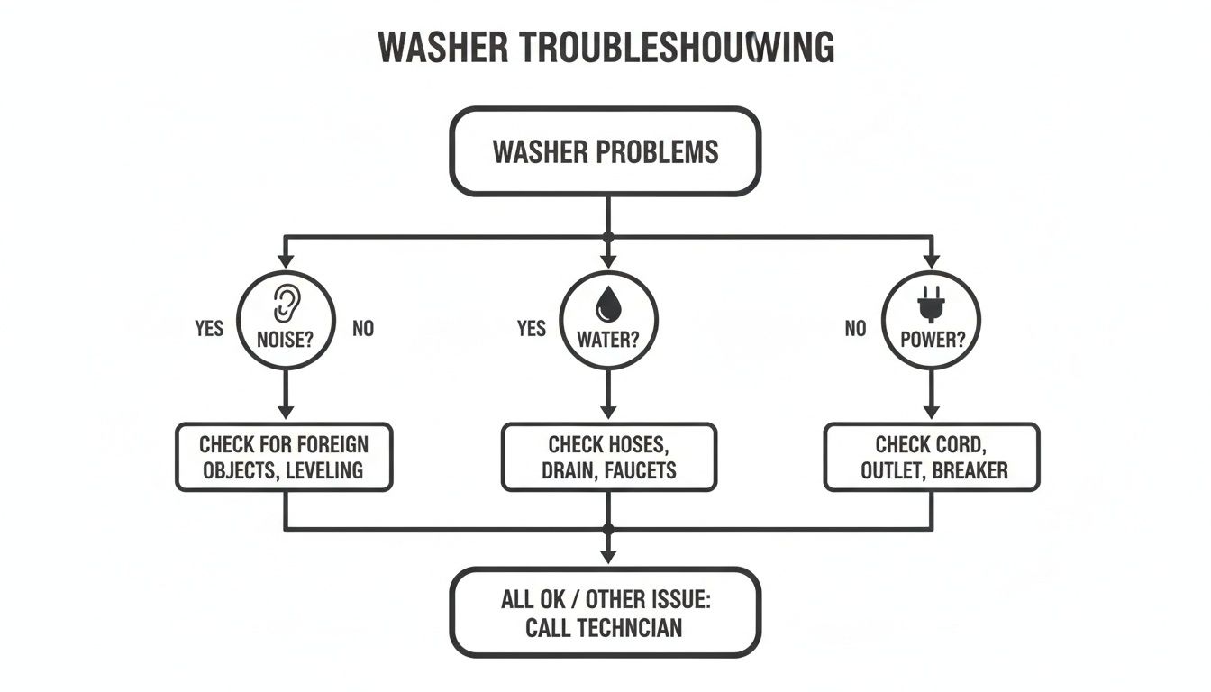 A flowchart for washer troubleshooting, showing steps for noise, water, and power issues.
