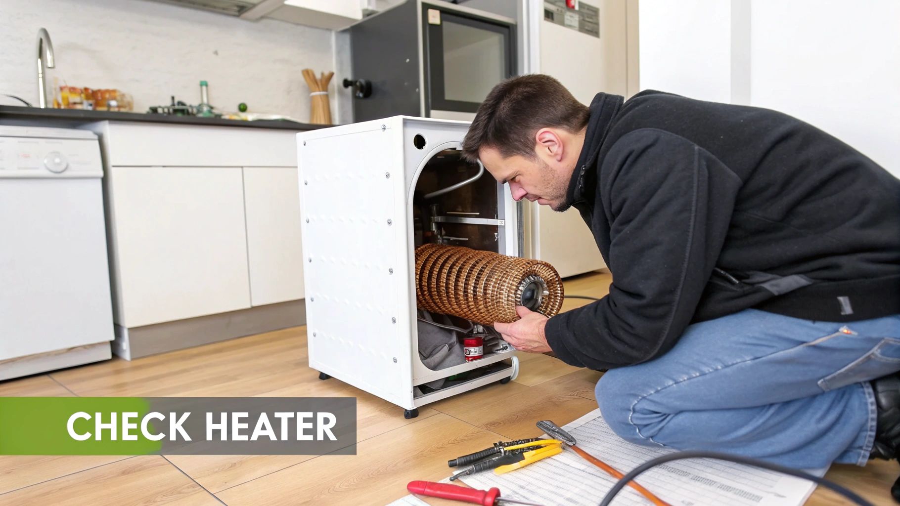 Technician inspecting and repairing heating element inside white cabinet dryer on kitchen floor