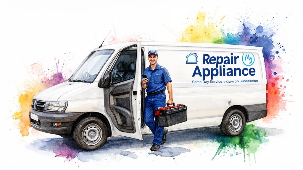 A friendly appliance repair technician in uniform with a toolbox and phone next to a service van.