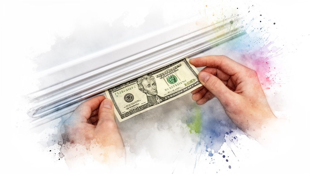 Hands carefully pulling a twenty-dollar bill from a hidden spot, possibly blinds.