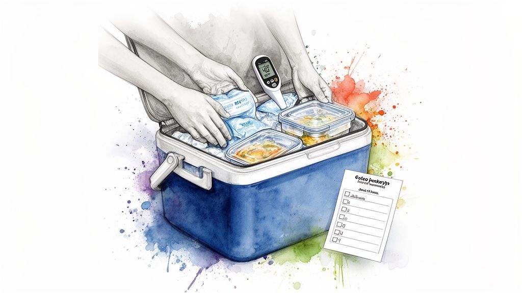Hands packing a cooler with ice packs, food containers, and a thermometer showing 40°F.