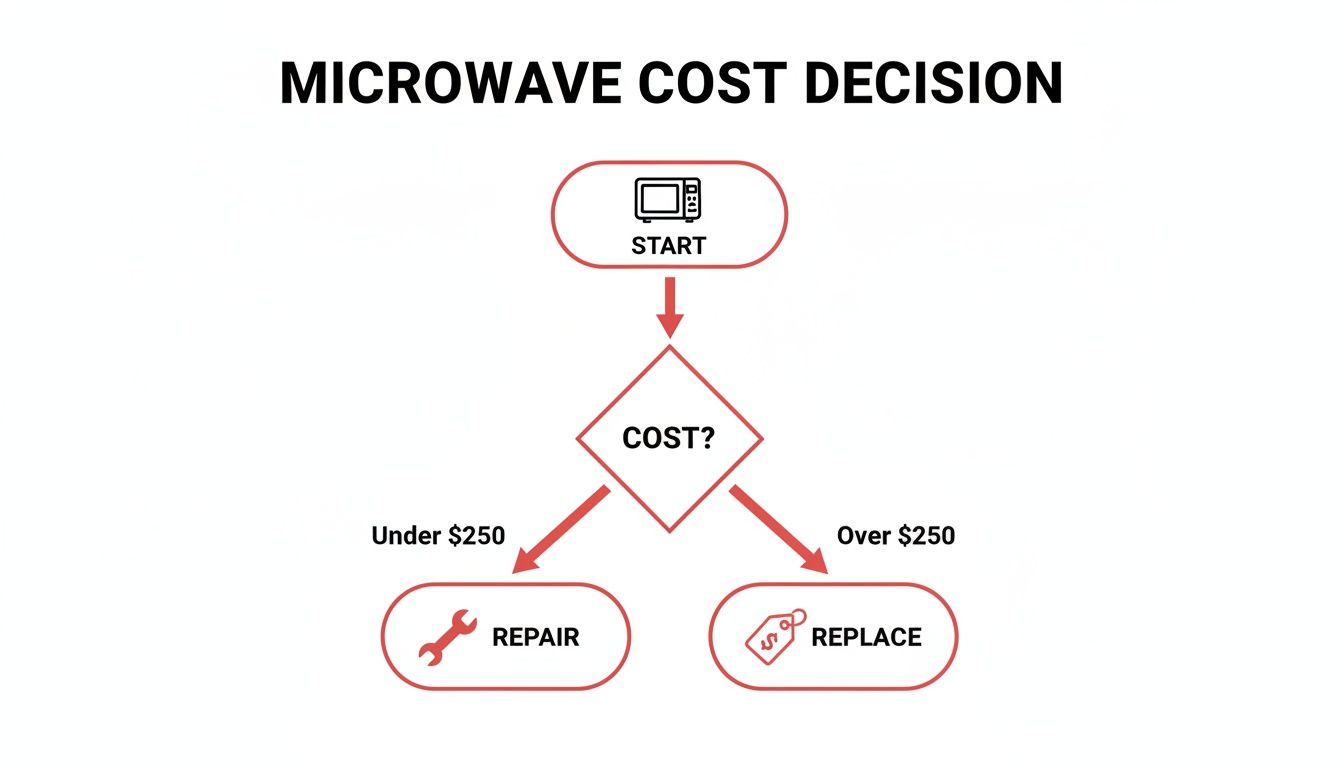 Flowchart showing microwave repair vs. replacement decision based on cost thresholds.