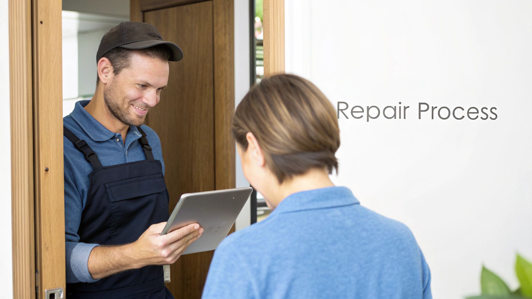 A smiling service technician in a cap and overalls holds a tablet, talking to a customer.