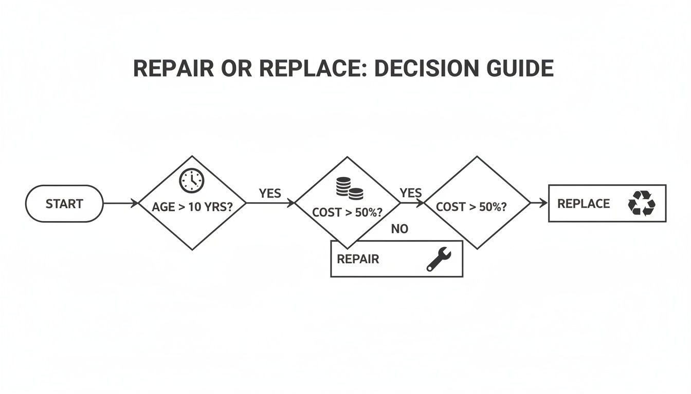 A flowchart decision guide for repair or replacement based on age and cost criteria.
