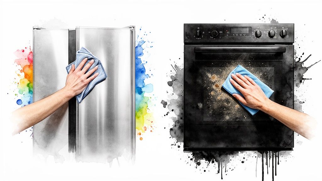 Hands cleaning a shiny stainless steel refrigerator and a dirty black oven with blue cloths, depicting cleaning.