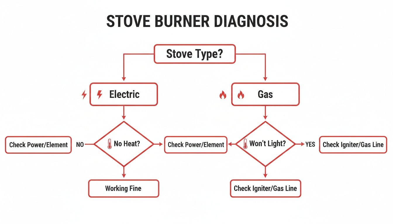 Flowchart for stove burner diagnosis, guiding users to troubleshoot electric and gas stove issues.