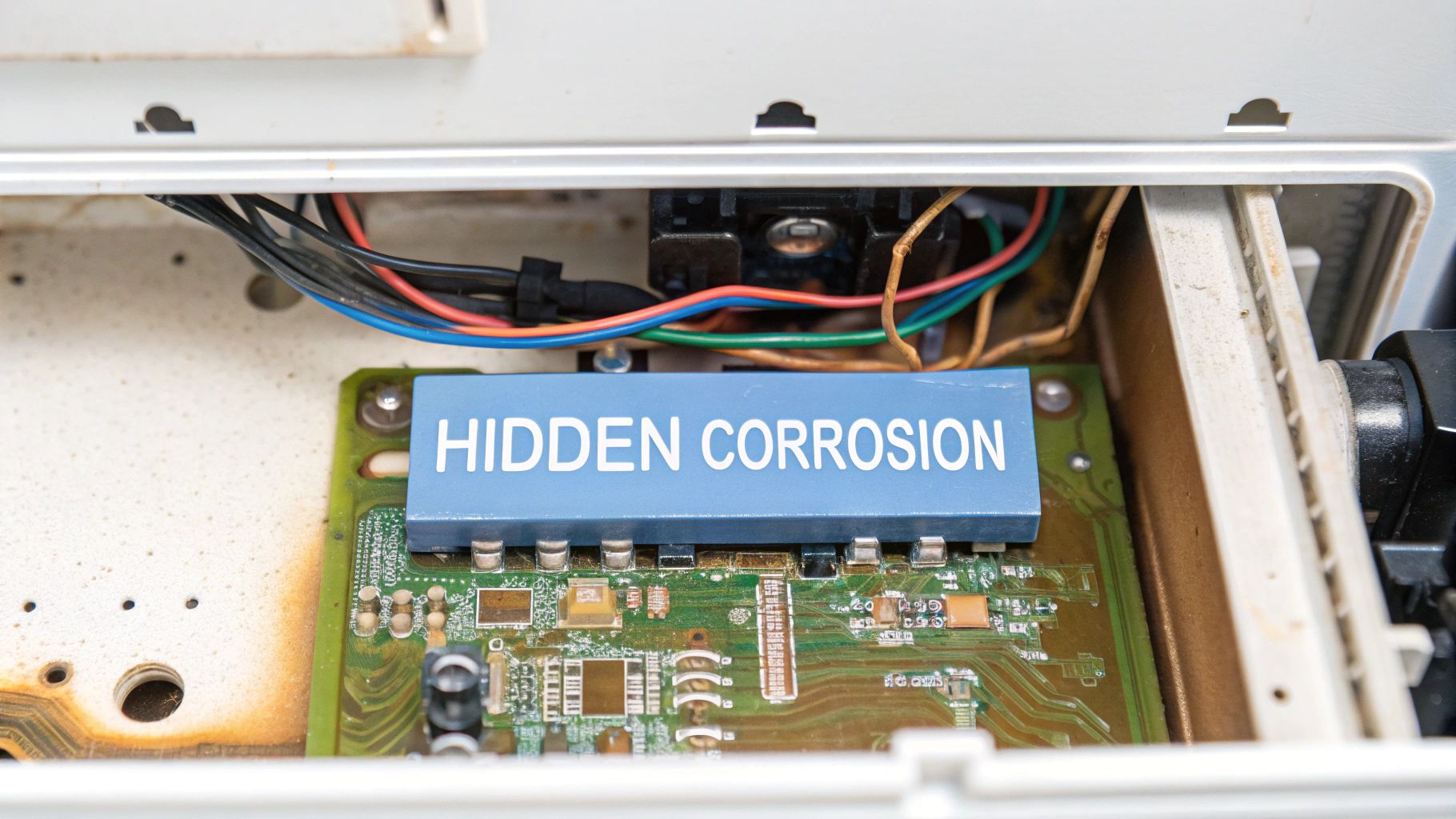 Close-up of an electronic circuit board with a blue label warning of 'HIDDEN CORROSION' inside a device.