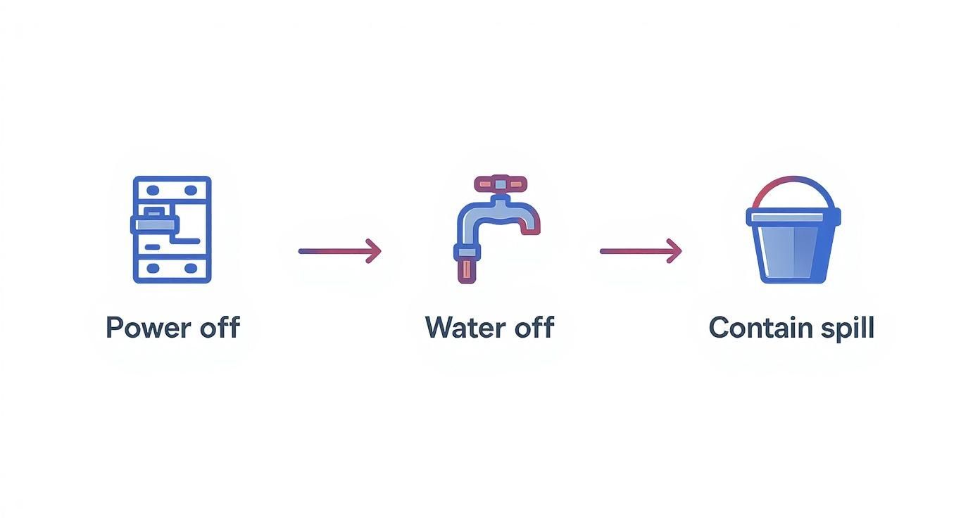 Three step safety guide for leaking washing machine: power off, water off, and contain spill
