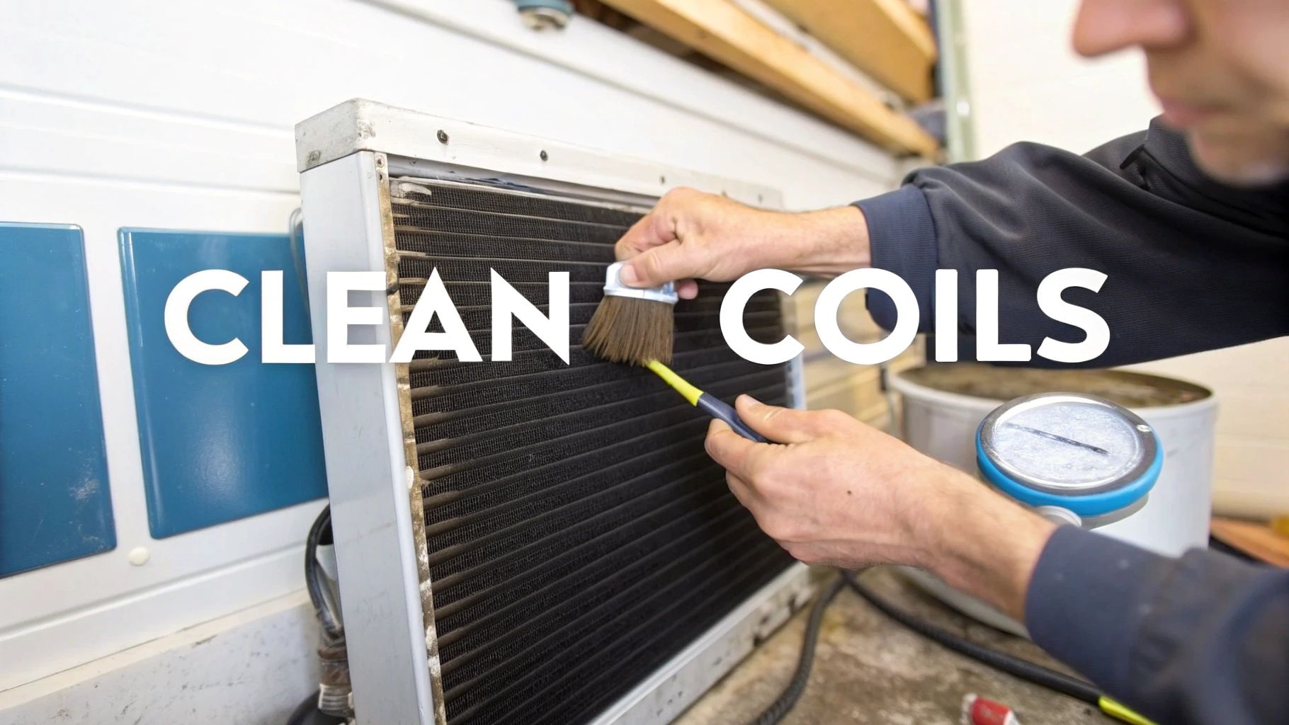 A person is cleaning dirty refrigeration coils with a small brush and tool.